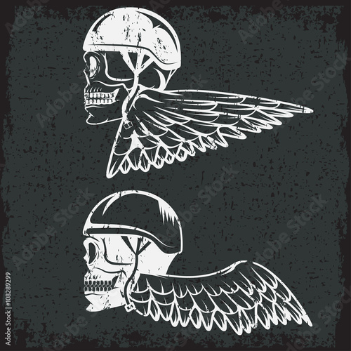 biker theme label with wings and skulls