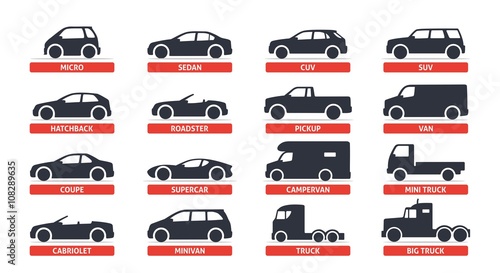 Car Type and Model Objects icons Set, automobile. Vector black illustration isolated on white background with shadow. Variants of car body silhouette for web