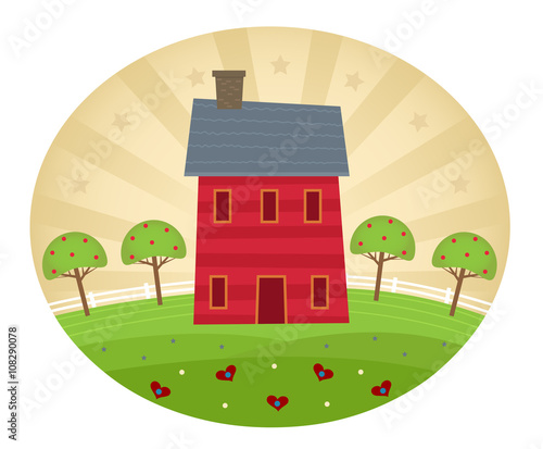 Americana Style Home - Americana art style house with decorative hills, apple trees and stylized background. Eps10