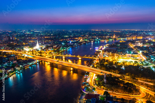 Memorial Bridge from top view.Bangkok Cityscape,Thailand