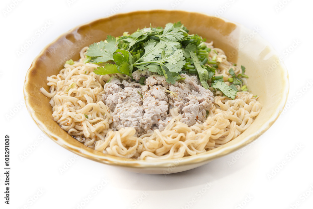 isolate of noodle with pork with the white background isolate of noodle with pork with the white background