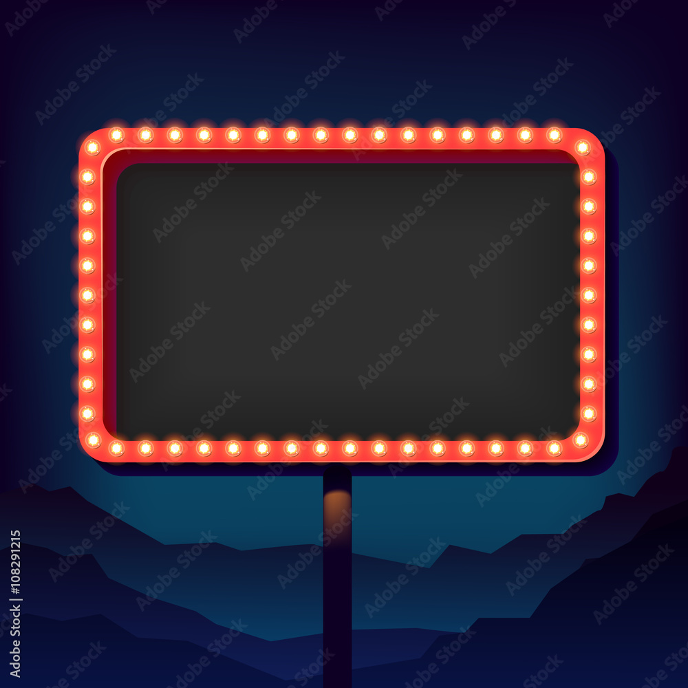 Vintage signboard with lights. Roadside sign. Road sign from the 50s. Retro character. Red billboard with lamps. Black background with a blank frame 3D. Shield against night mountain. 