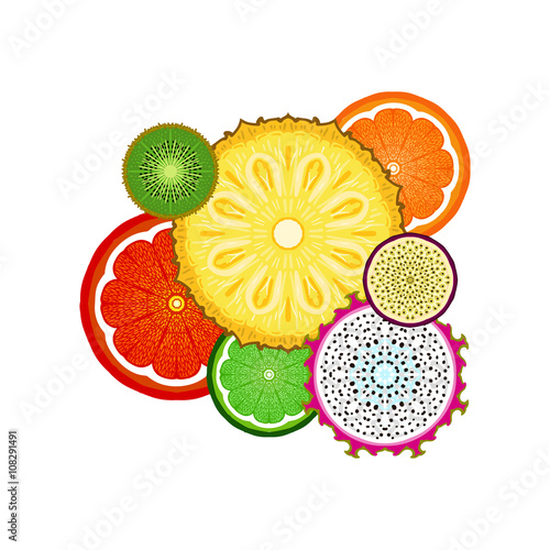 A set of bright and juicy slices of tropical fruits in a flat style. Vector pineapple, kiwi, passion fruit, Pitahaya, orange, lime and grapefruit. Vegetarian and vegan food.