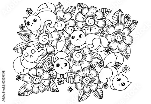 Five funny cats and flowers in  black and white