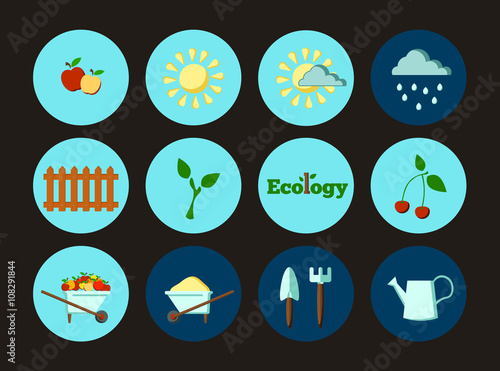 Icon set, garden summer theme - truck of sand, fruits, weather - sun, clouds, rain, garden tools, fence, shovel, rake, watering can. Vector illustration, design in flat style.