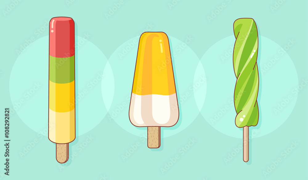 Set of colorful tasty isolated ice cream at a turquoise background. Several types of multi-colored fruit juice on wooden sticks. Vector Illustration. Set of colorful tasty isolated ice cream at a turquoise background. Several types of multi-colored fruit juice on wooden sticks. Vector Illustration.