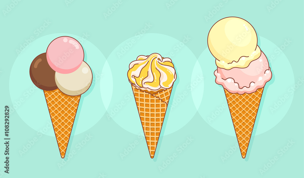 Set of colorful tasty isolated ice cream at a turquoise background. Crunchy waffle cones filled with various kinds of delicious ice cream. Vector Illustration. Set of colorful tasty isolated ice cream at a turquoise background. Crunchy waffle cones filled with various kinds of delicious ice cream. Vector Illustration.