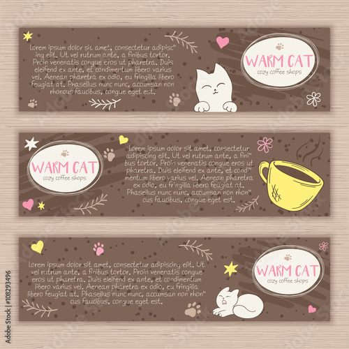 Vector hand drawn set of banners with cute cat and cup of coffee. Can be used as decorative element in coffee shop design