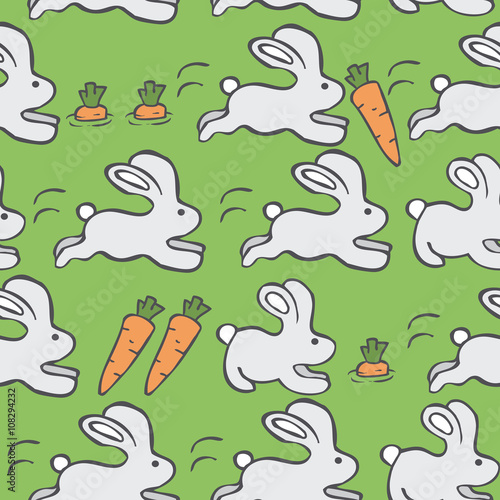 Seamless Vector Pattern with Rabbits  and Carots on a Green Background