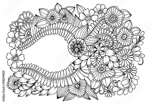 Frame with flowers and leaves adult coloring page 