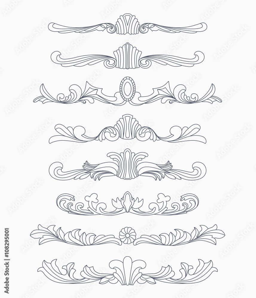 Collection of vintage patterns. Flourishes calligraphic ornaments. Retro style of design elements, divider, postcard, banners, logos. Vector template. Hand-drawn.
