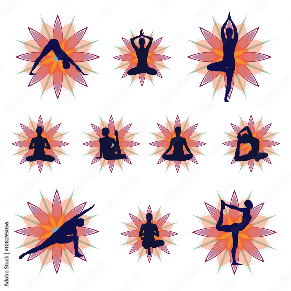 Yoga silhouettes set with stylized floral background Yoga silhouettes set with stylized floral background