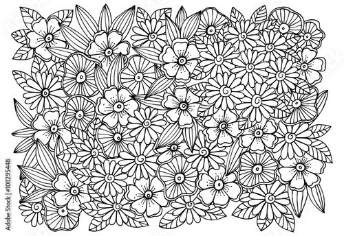 Magical adult coloring page with flowers and leaves