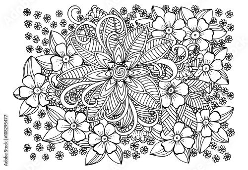 Creative adult coloring page with flowers and leaves