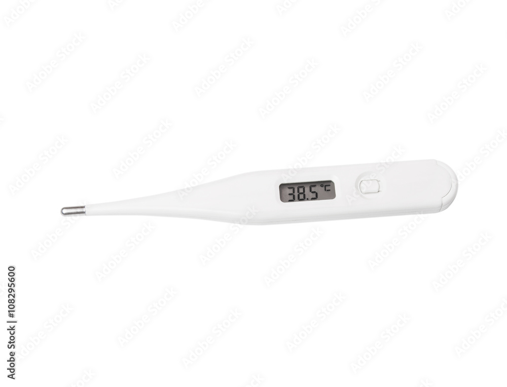 Electronic thermometer shows the temperature of 38.5 degrees isolated on  white background Stock Photo | Adobe Stock