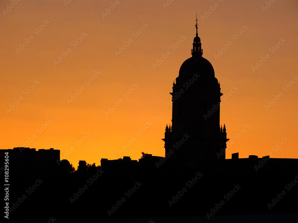 sunset and countours of the cathedral in Malaga in Spain