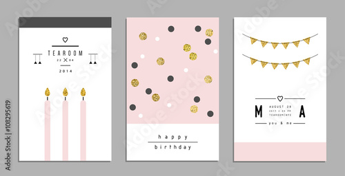 Collection of trendy cards and invitations with gold glitter texture