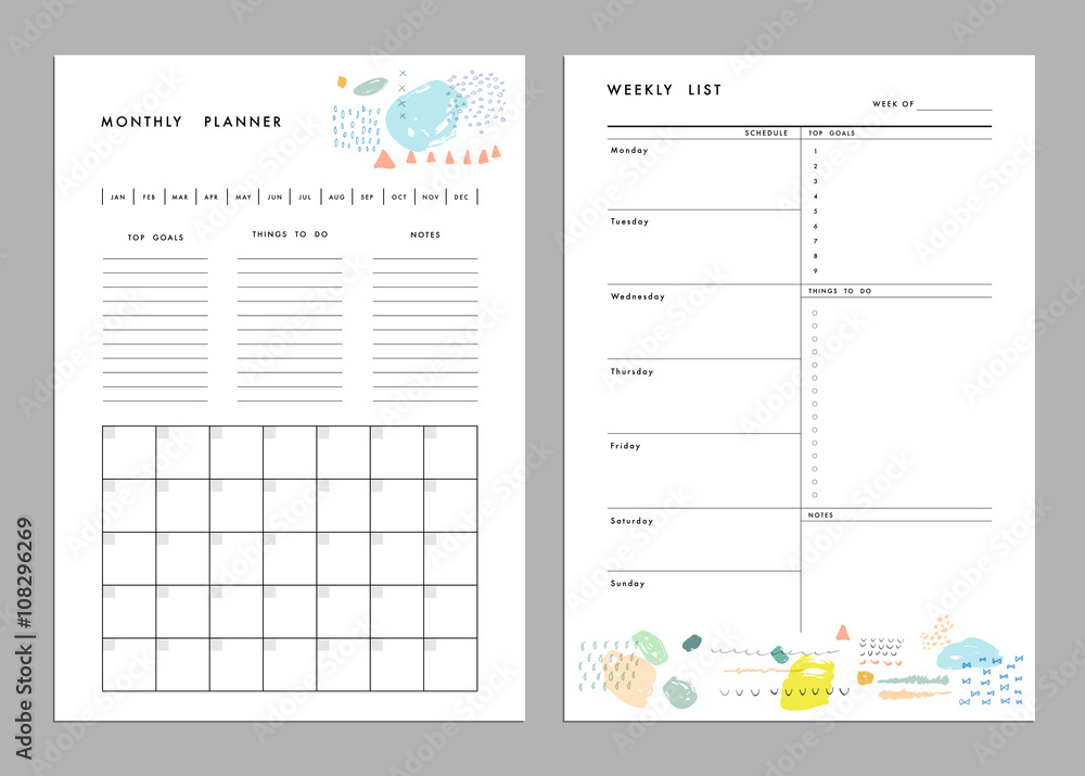 Monthly Planner plus Weekly List Templates. Organizer and Schedu Stock