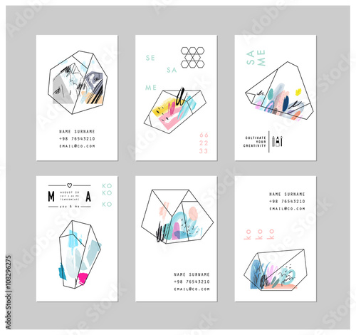 Set of creative cards with geometric outline shapes and crystals