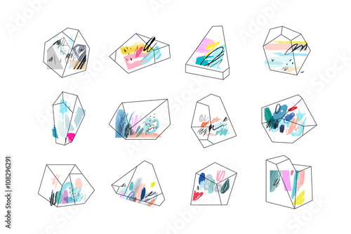 Terrariums. Set of geometric outline shapes and crystals. 