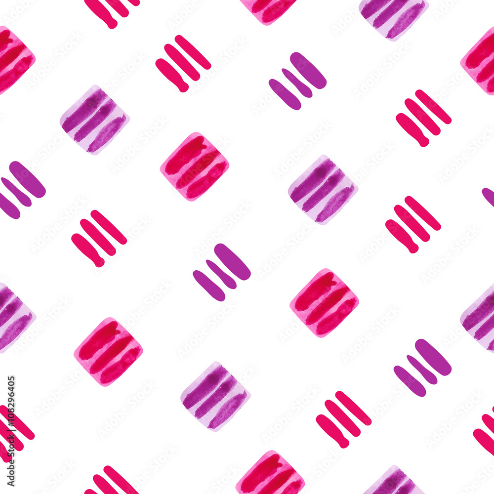 Watercolor geometric seamless pattern with squares and lines. Vector repeating background in red and purple. Watercolor geometric seamless pattern with squares and lines. Vector repeating background in red and purple.