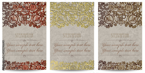 Steampunk Template Flyer Set. Edwardian Design for Card. Poster Collection Victorian Background. Vector