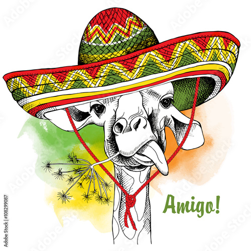 Poster with the image of a giraffe in a Mexico sombrero. Vector illustration.