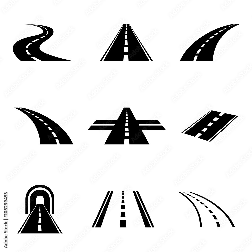 Fototapeta premium Vector black car road icons set. Highway symbols. Road signs