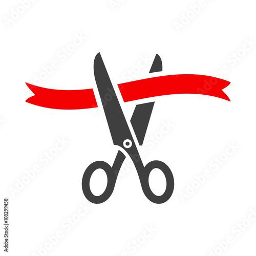 Scissors cutting red ribbon. Tape and scissors. 