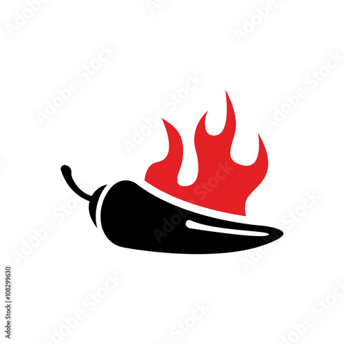Vector black chilli pepper icon and red fire. Jalapeno peppers symbol