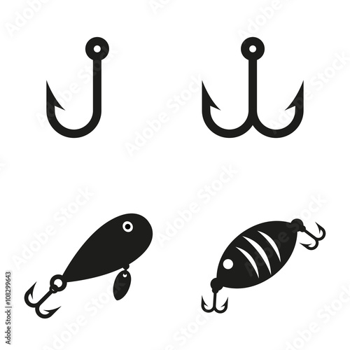 Vector black Fishing hooks icons set. Barbed fish hook illustration. Hook icon