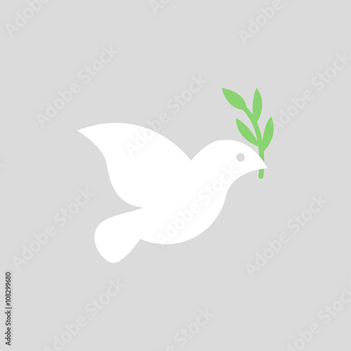 Vector white dove icon on grey background. Peace dove with olive branch. 