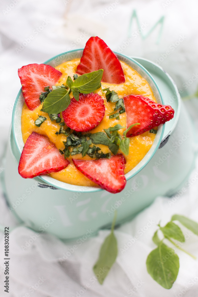Mango rice pudding with strawberries. Mango rice pudding with strawberries.