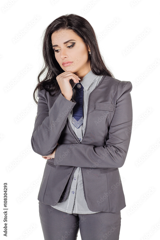 business woman in gray suit thinking. isolated on white background business woman in gray suit thinking. isolated on white background