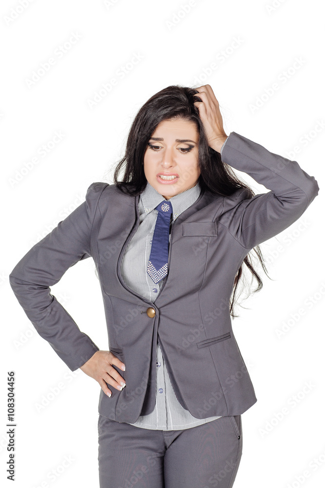 portrait of young business woman in gray suit with hair forgot appointment. isolated on white background. business and lifestyle concept portrait of young business woman in gray suit with hair forgot appointment. isolated on white background. business and lifestyle concept
