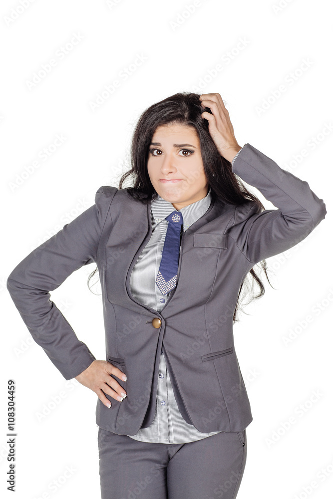portrait of young business woman in gray suit with hair forgot appointment. isolated on white background. business and lifestyle concept