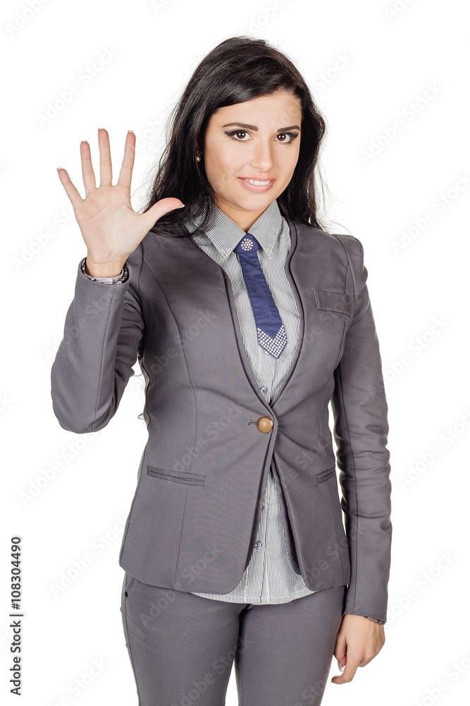 portrait of young business woman in gray suit showing five fingers. Hand counting. isolated on white background. business and lifestyle concept portrait of young business woman in gray suit showing five fingers. Hand counting. isolated on white background. business and lifestyle concept