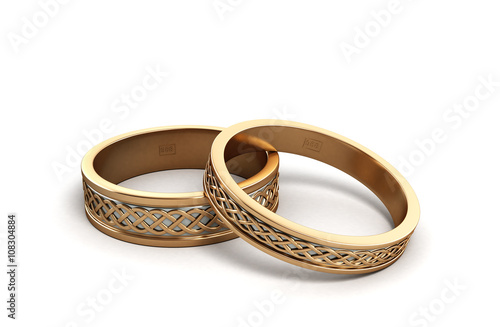 3d render Gold wedding rings engraved isolated on white