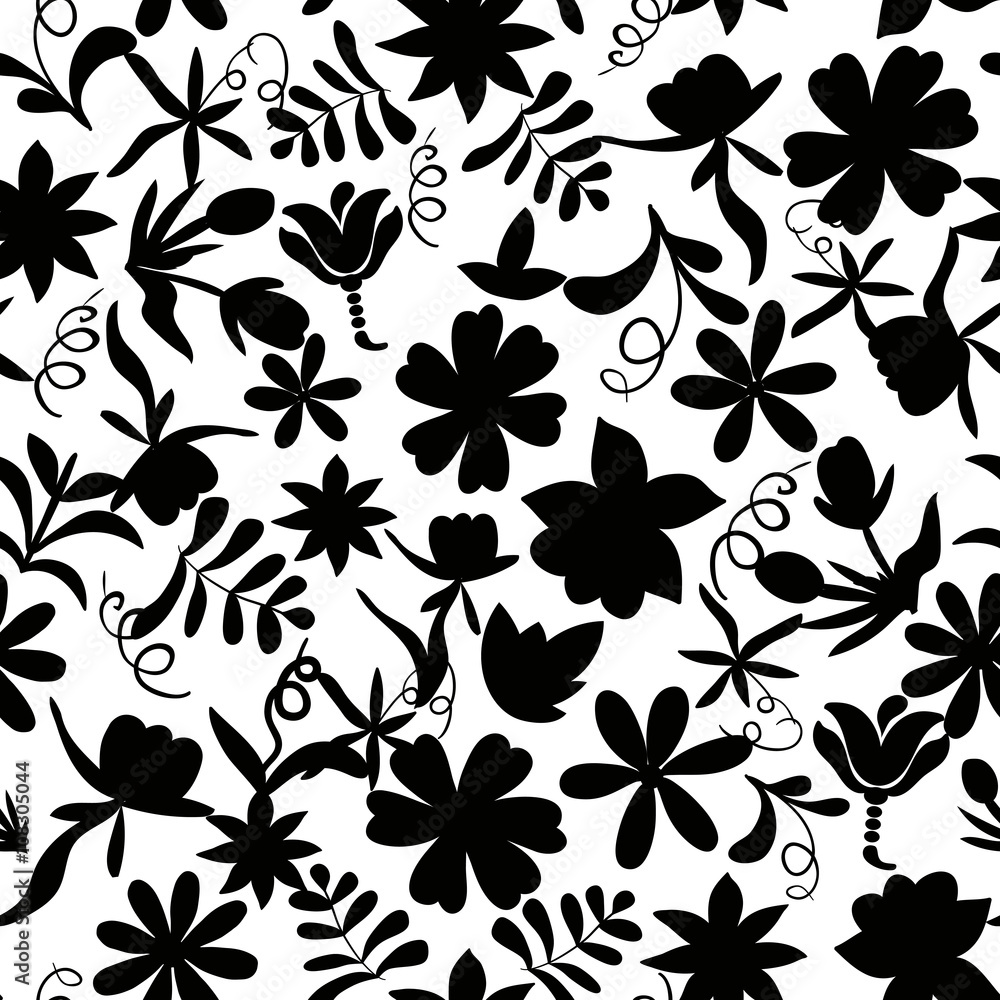 Abstract seamless pattern with isolated flowers silhouettes on w Abstract seamless pattern with isolated flowers silhouettes on w