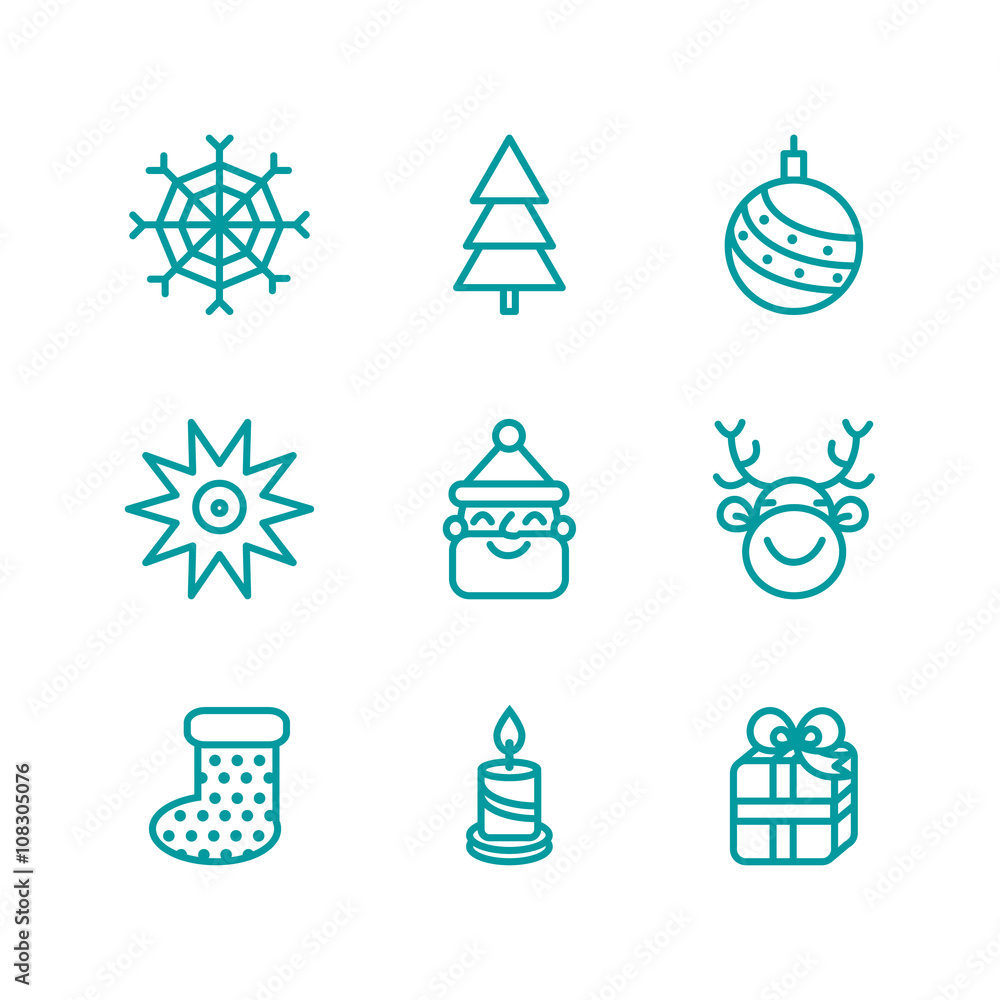 Set of christmas and new year line icons. Santa, snowflake, deer, candle, christmas tree, star, ball, gift box, christmas stocking. One color illustrations isolated on white.