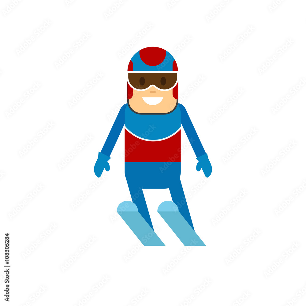 Vector illustration of ski jumper player  jumping on skis in uniform. Flat design winter sport.