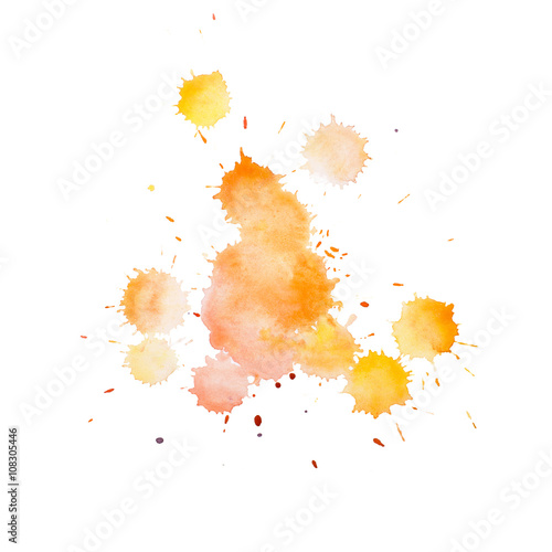 watercolor yellow paint splashing drop, aquarelle round drip on white paper