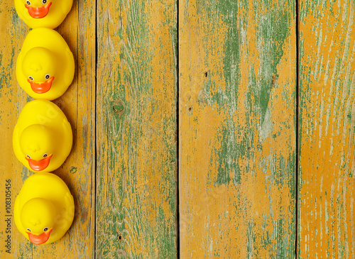 Fototapeta Rubber ducks on wood