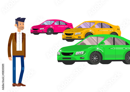 Used cars reselling concept with hands holding keys and money flat vector illustration
