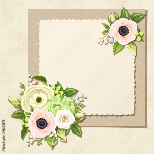 Vector greeting card with white and green roses, anemones, ranunculus, hydrangea and lily-of-the-valley flowers and leaves on a parchment background.