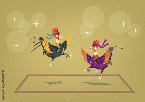 Cockfighting ring with two brave roosters behaving like martial artists. Editable Clip Art.
