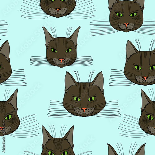abstract vector doodle cat face seamless pattern