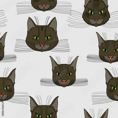 abstract vector doodle cat face seamless pattern