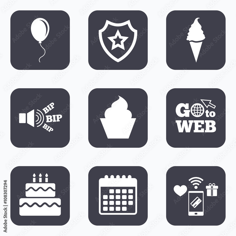Birthday party icons. Cake with ice cream symbol Birthday party icons. Cake with ice cream symbol