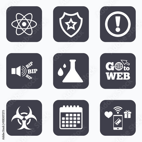 Attention biohazard icons. Chemistry flask.